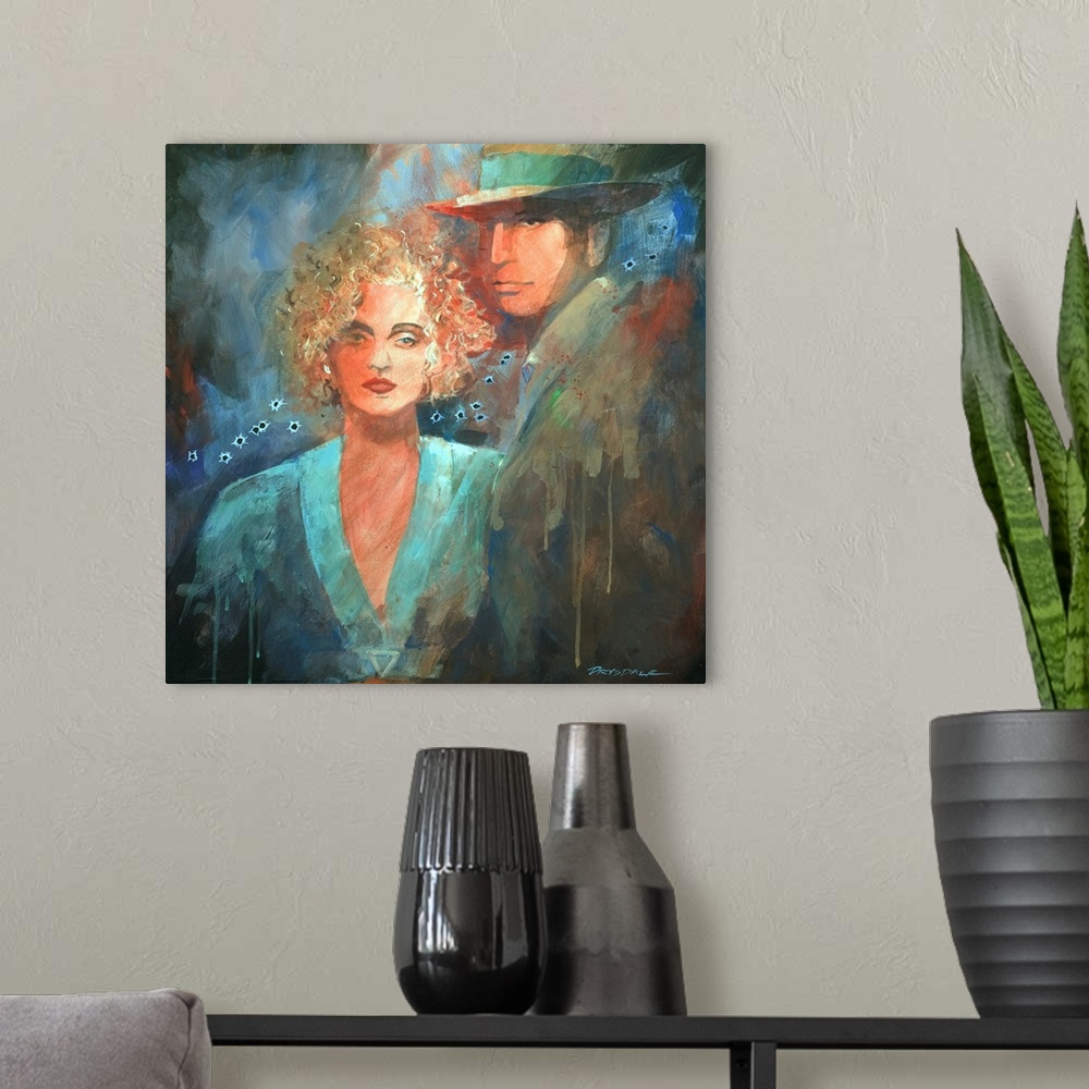 A modern room featuring Painted portrait of Bonnie and Clyde with bullet holes painted across the middle.