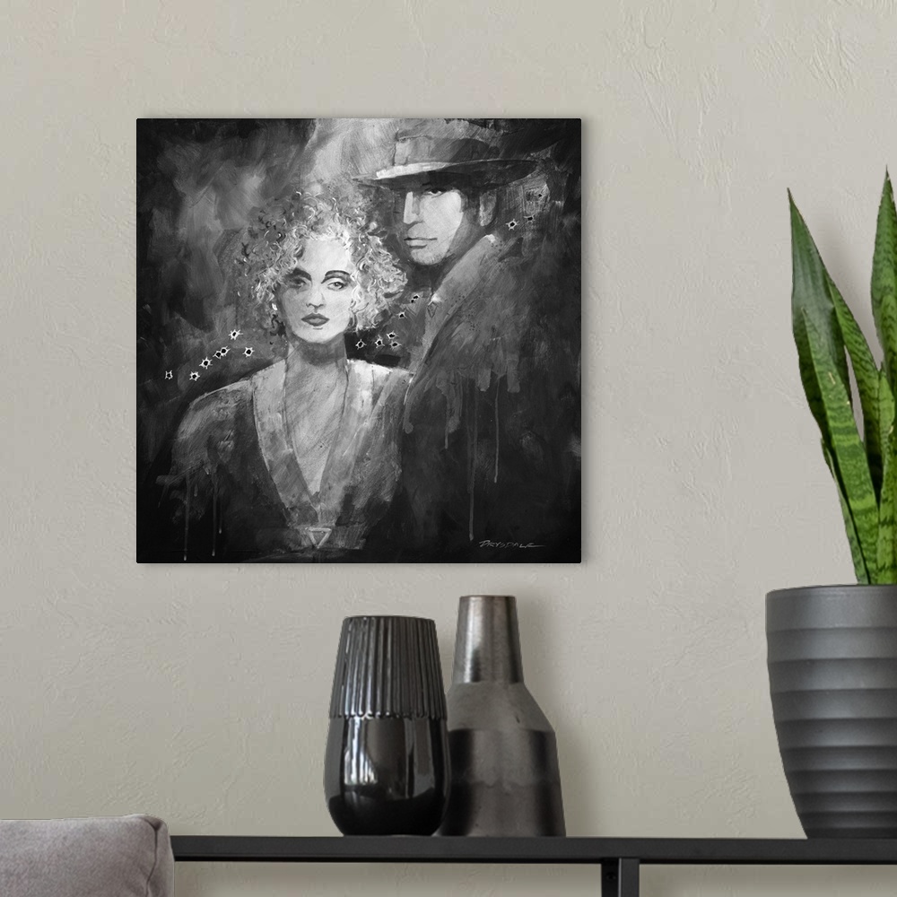 A modern room featuring Black and white painted portrait of Bonnie and Clyde with bullet holes going through the middle.
