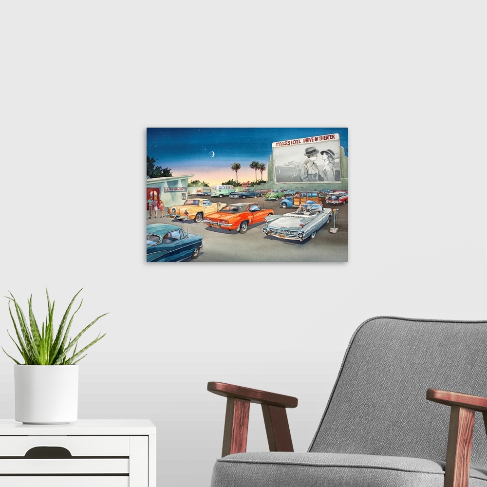A modern room featuring Watercolor of the Mission Drive-In movie theater.
