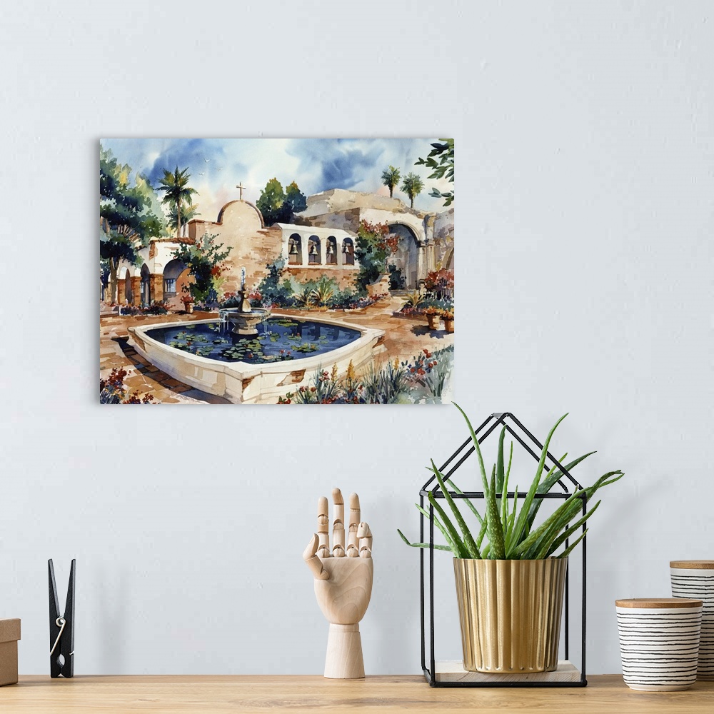 A bohemian room featuring Watercolor painting of the Mission San Juan Capistrano with a fountain and pond in the center.
