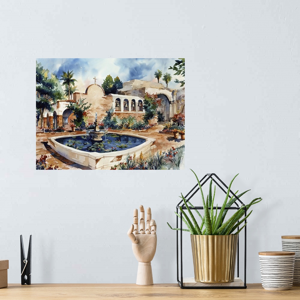 A bohemian room featuring Watercolor painting of the Mission San Juan Capistrano with a fountain and pond in the center.