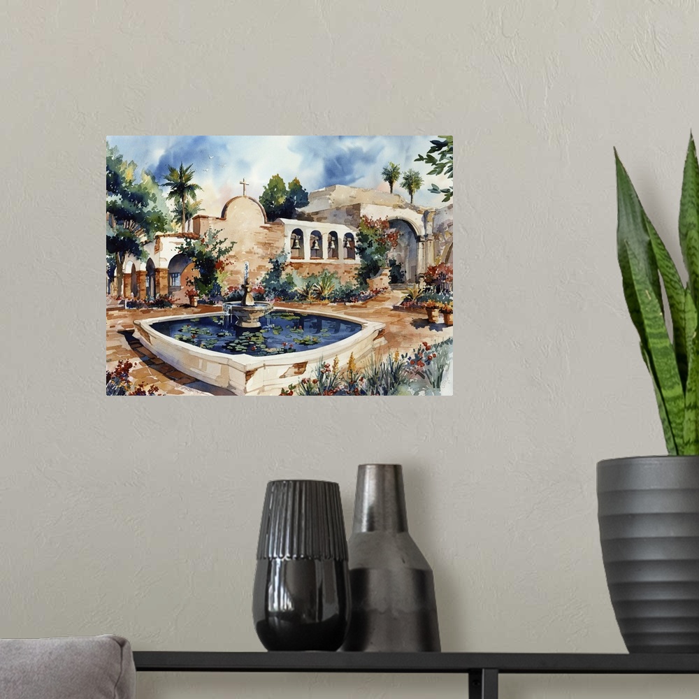 A modern room featuring Watercolor painting of the Mission San Juan Capistrano with a fountain and pond in the center.