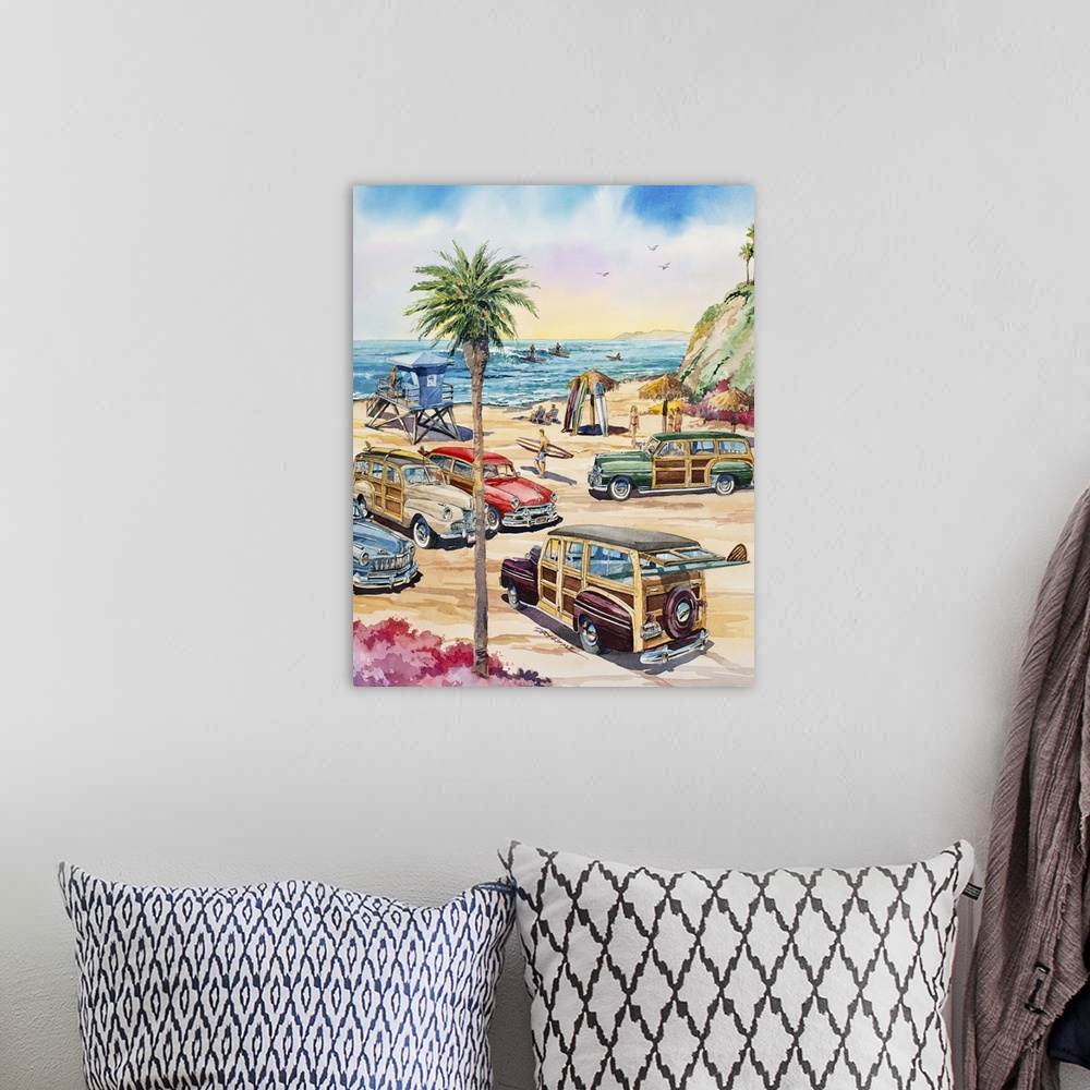 A bohemian room featuring Contemporary watercolor painting of several woodie wagons parked on the beach at Wavecrest in Enc...