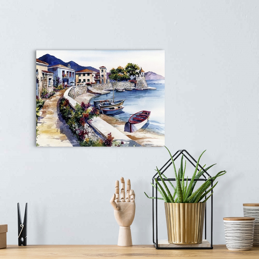 A bohemian room featuring Contemporary watercolor painting of a relaxing view in Nafpaktos, Greece