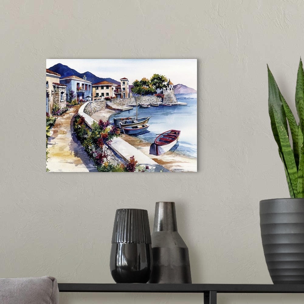 A modern room featuring Contemporary watercolor painting of a relaxing view in Nafpaktos, Greece