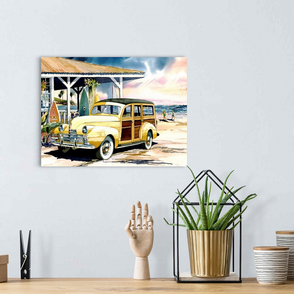 A bohemian room featuring Watercolor of a classic 1940 Oldsmobile woodie surfer wagon on the beach at the North Shore of Oa...