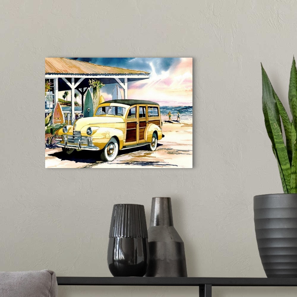 A modern room featuring Watercolor of a classic 1940 Oldsmobile woodie surfer wagon on the beach at the North Shore of Oa...