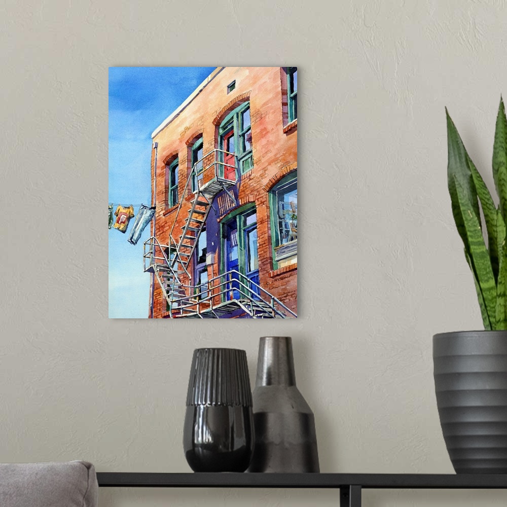 A modern room featuring Watercolor painting of a fire Escape on an alley in Roslyn Washington