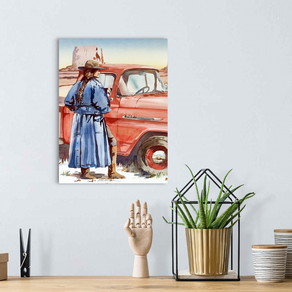 A bohemian room featuring Watercolor painting of a woman wearing a blue trench coat and a cowboy hat standing in front of a...