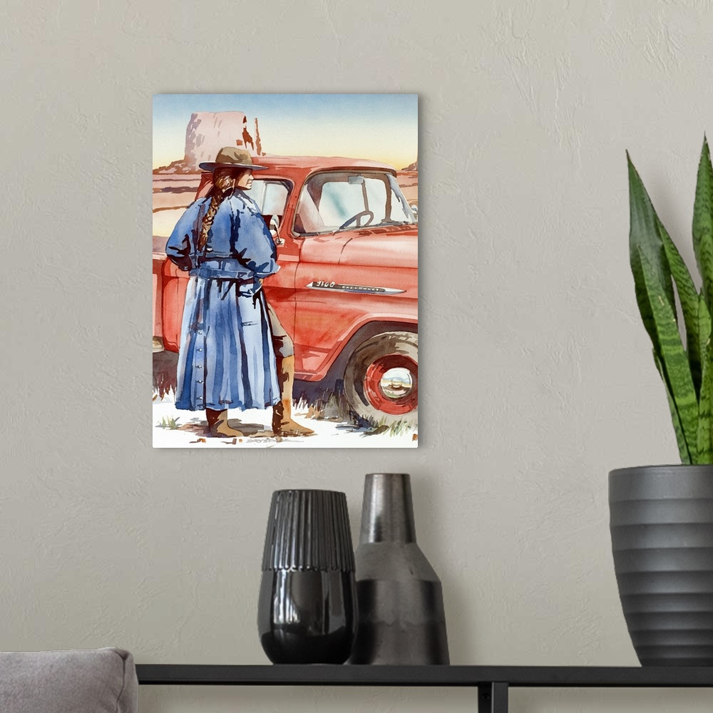 A modern room featuring Watercolor painting of a woman wearing a blue trench coat and a cowboy hat standing in front of a...