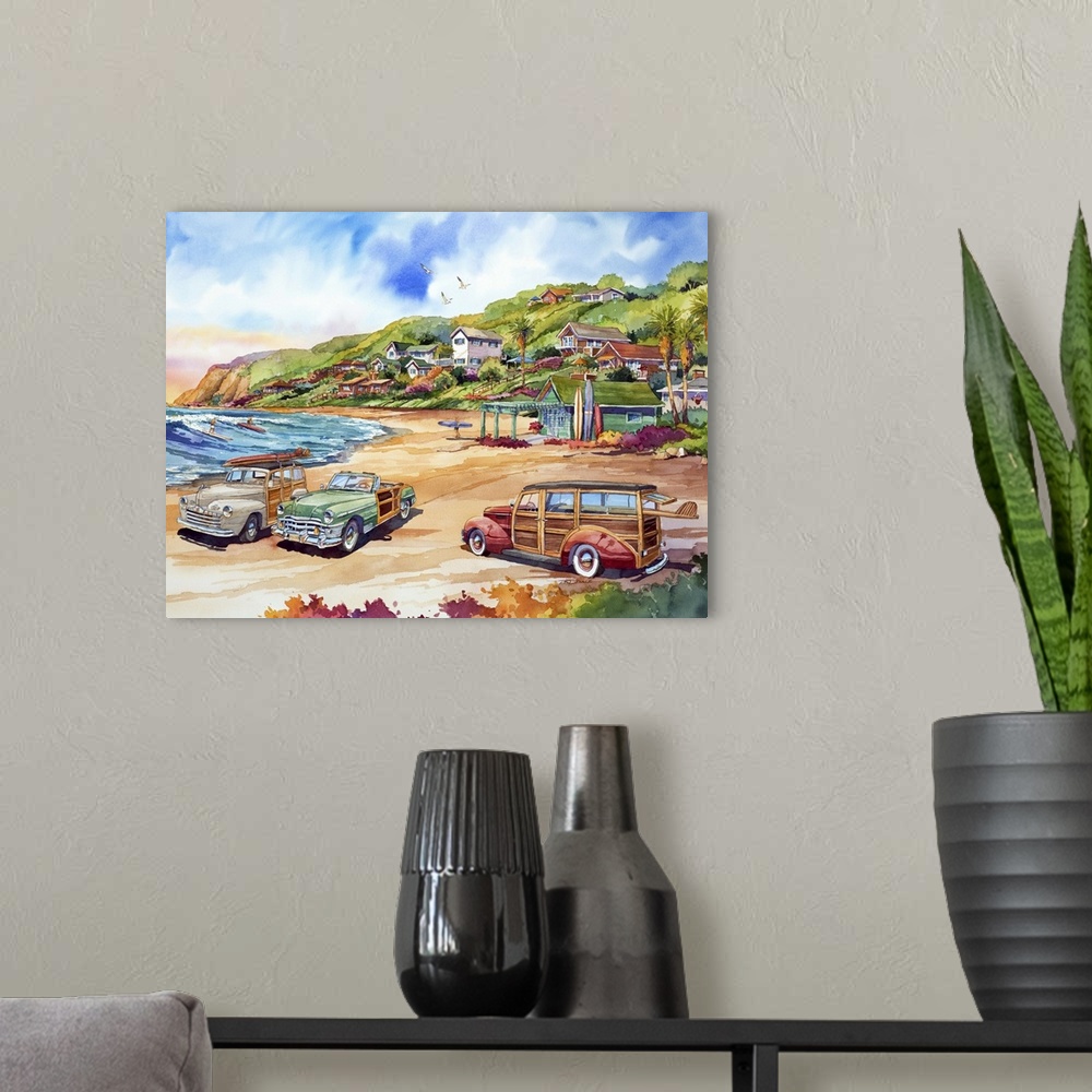 A modern room featuring Watercolor of three woodies on the beach in Crystal Cove, Newport Beach.