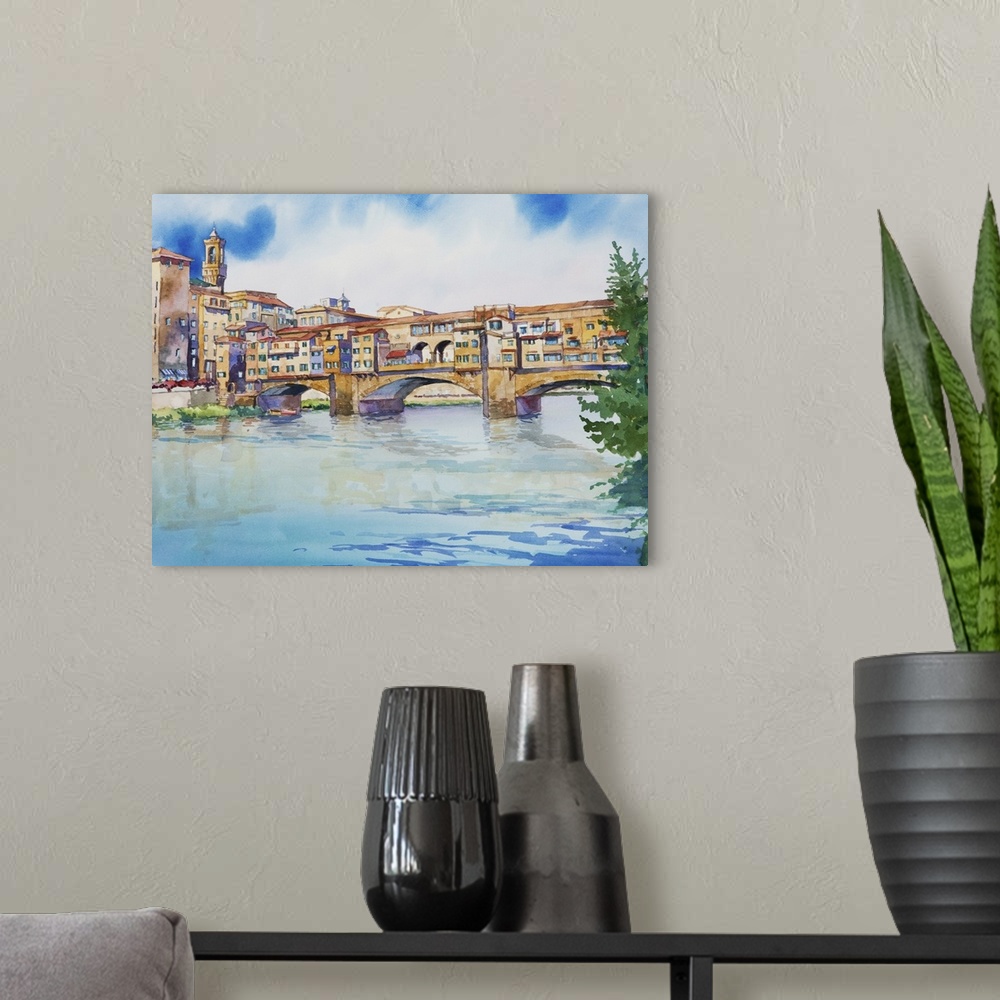 A modern room featuring Watercolor painting of the Ponte Vecchio in Florence, Italy.