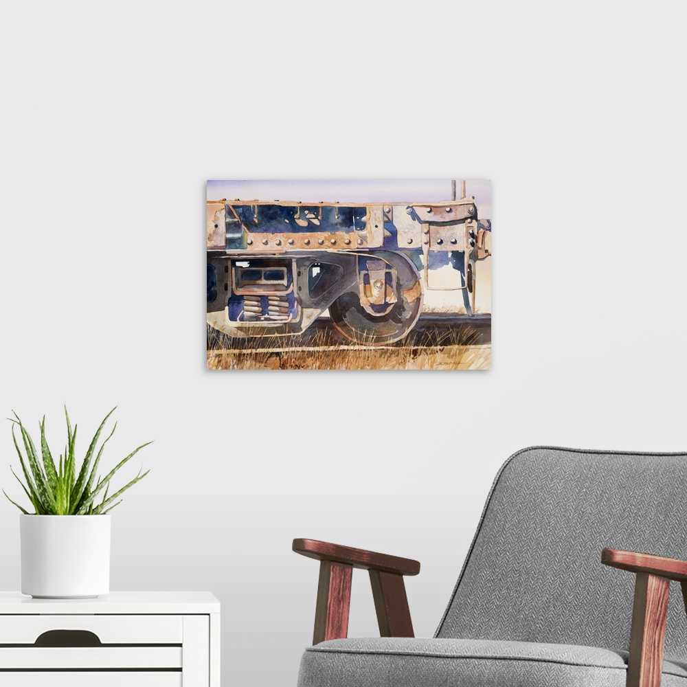 A modern room featuring Watercolor of an abandoned railroad car by the historic train depot in Santa Rosa, CA
