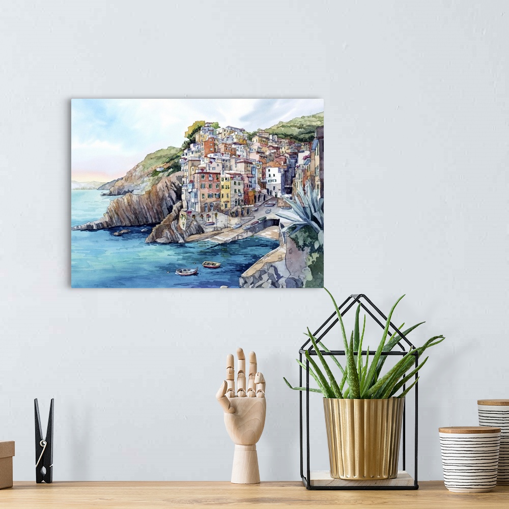 A bohemian room featuring Landscape watercolor painting of Riomaggiore, Cinque Terre, Italy