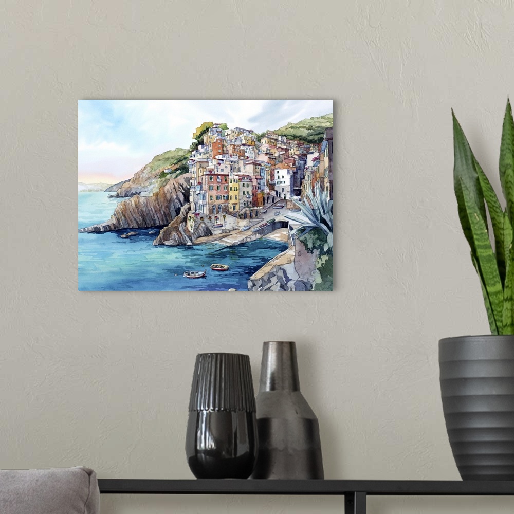 A modern room featuring Landscape watercolor painting of Riomaggiore, Cinque Terre, Italy