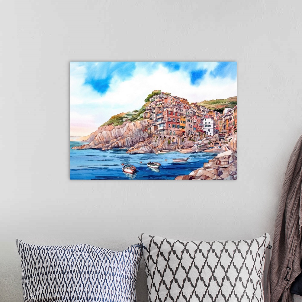 A bohemian room featuring Watercolor painting of the village of Riomaggiore in Cinque Terre, Italy, with boats anchored in ...