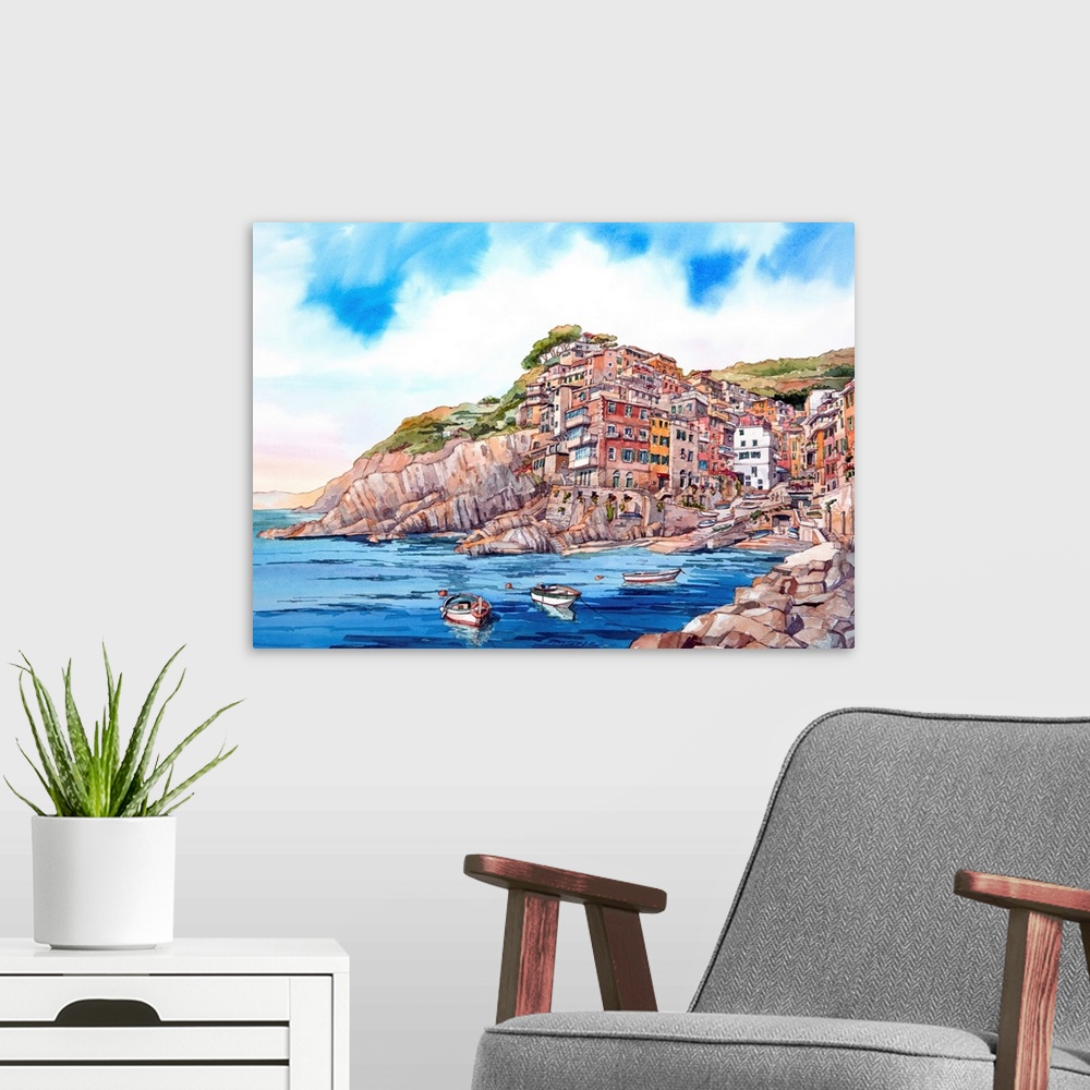 A modern room featuring Watercolor painting of the village of Riomaggiore in Cinque Terre, Italy, with boats anchored in ...