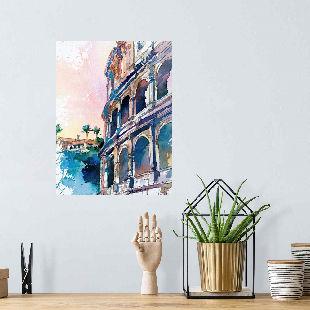 A bohemian room featuring Watercolor painting of the Colosseum in Rome, Italy