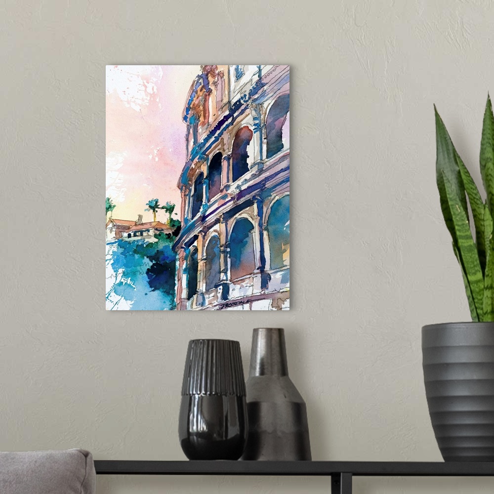 A modern room featuring Watercolor painting of the Colosseum in Rome, Italy