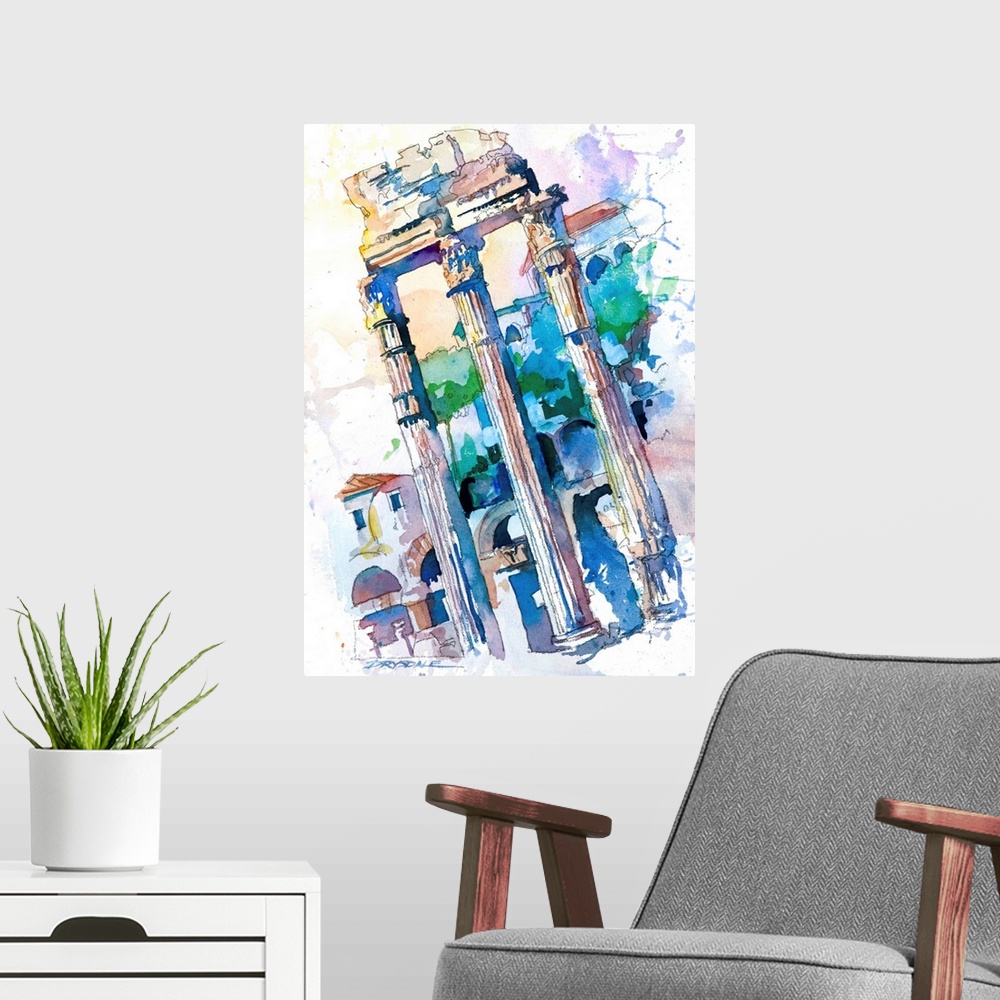 A modern room featuring Watercolor painting of the columns in Rome, Italy