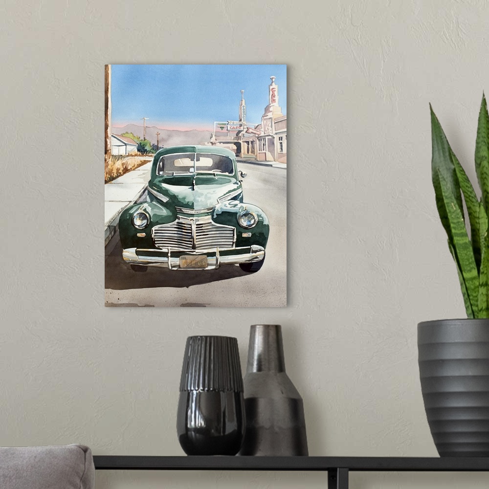 A modern room featuring Watercolor painting of a 1941 Chevy on Route 66 in Texas.