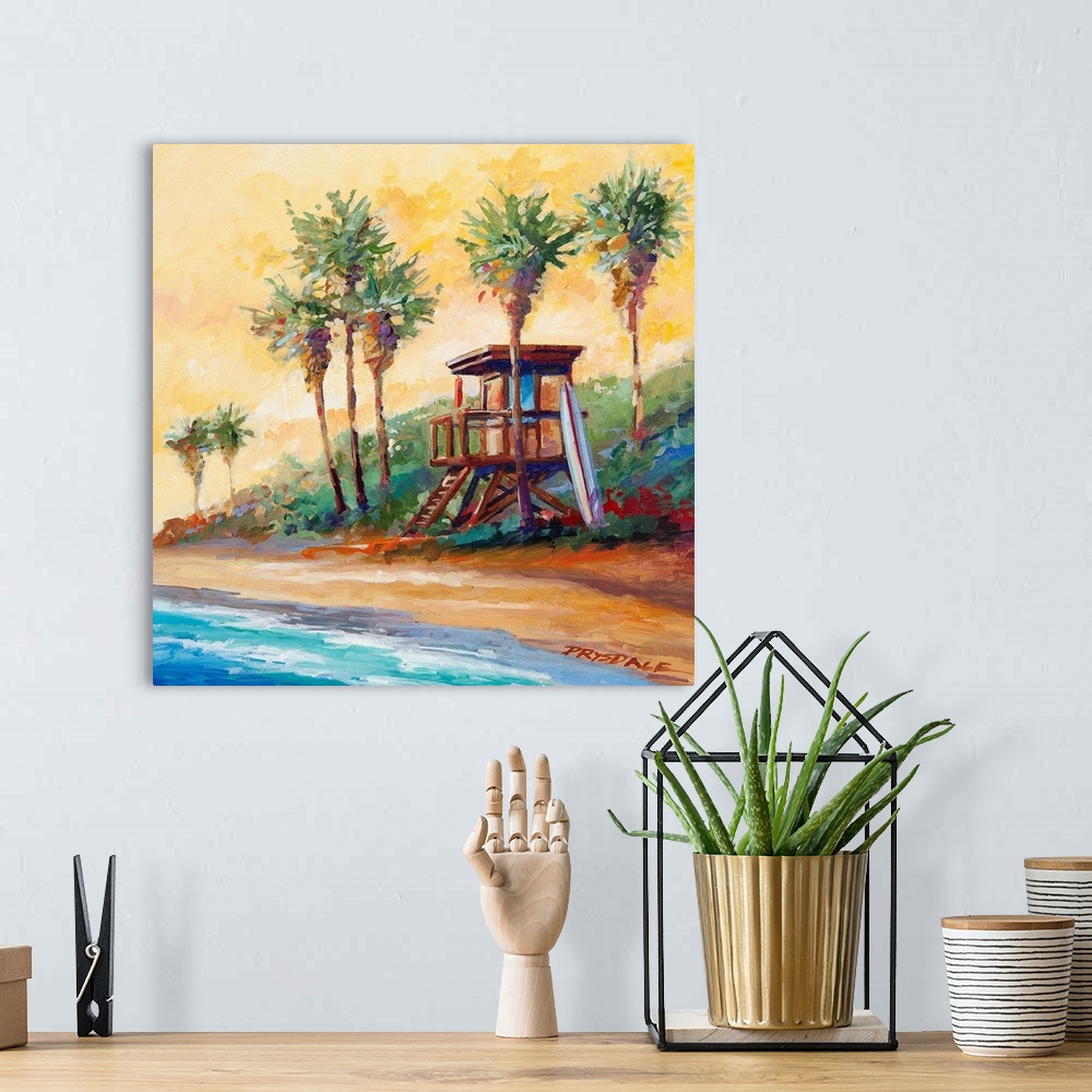 A bohemian room featuring Painting of a lifeguard tower nestled between palms at San Onofre, CA.  The beach known as Old Mans.