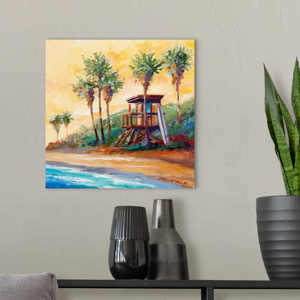A modern room featuring Painting of a lifeguard tower nestled between palms at San Onofre, CA.  The beach known as Old Mans.