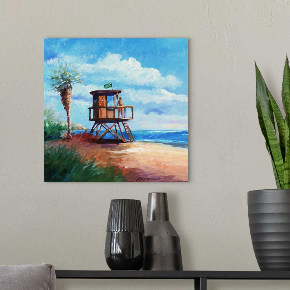 A modern room featuring Painting of a lifeguard tower at Old Man's San Onofre State Beach, CA