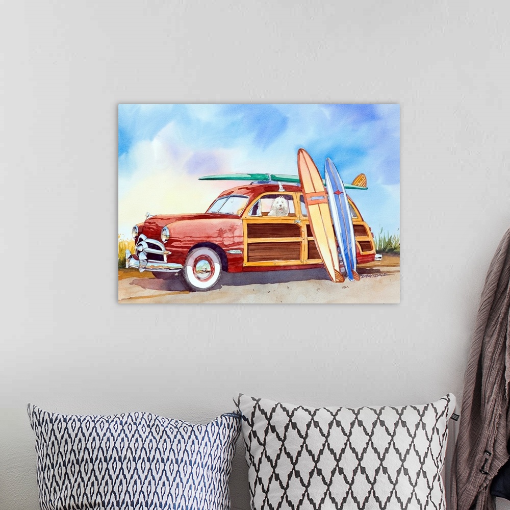 A bohemian room featuring Watercolor of a 1950 Ford surfer woodie wagon.