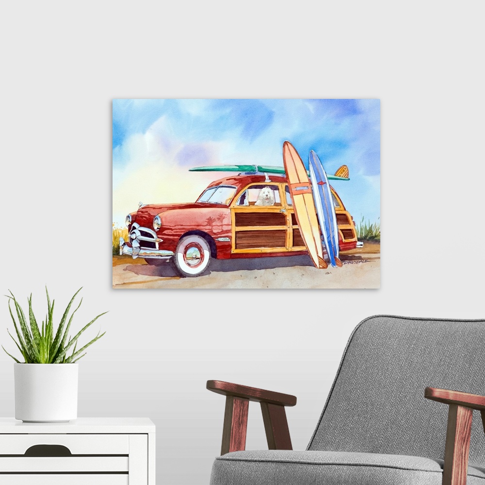 A modern room featuring Watercolor of a 1950 Ford surfer woodie wagon.