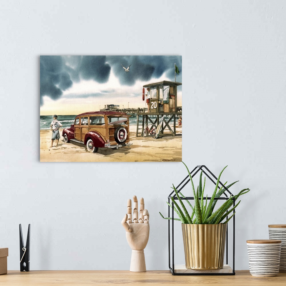 A bohemian room featuring Watercolor painting of an overcast day at Newport Beach, CA with a woodie wagon parked on the beach.