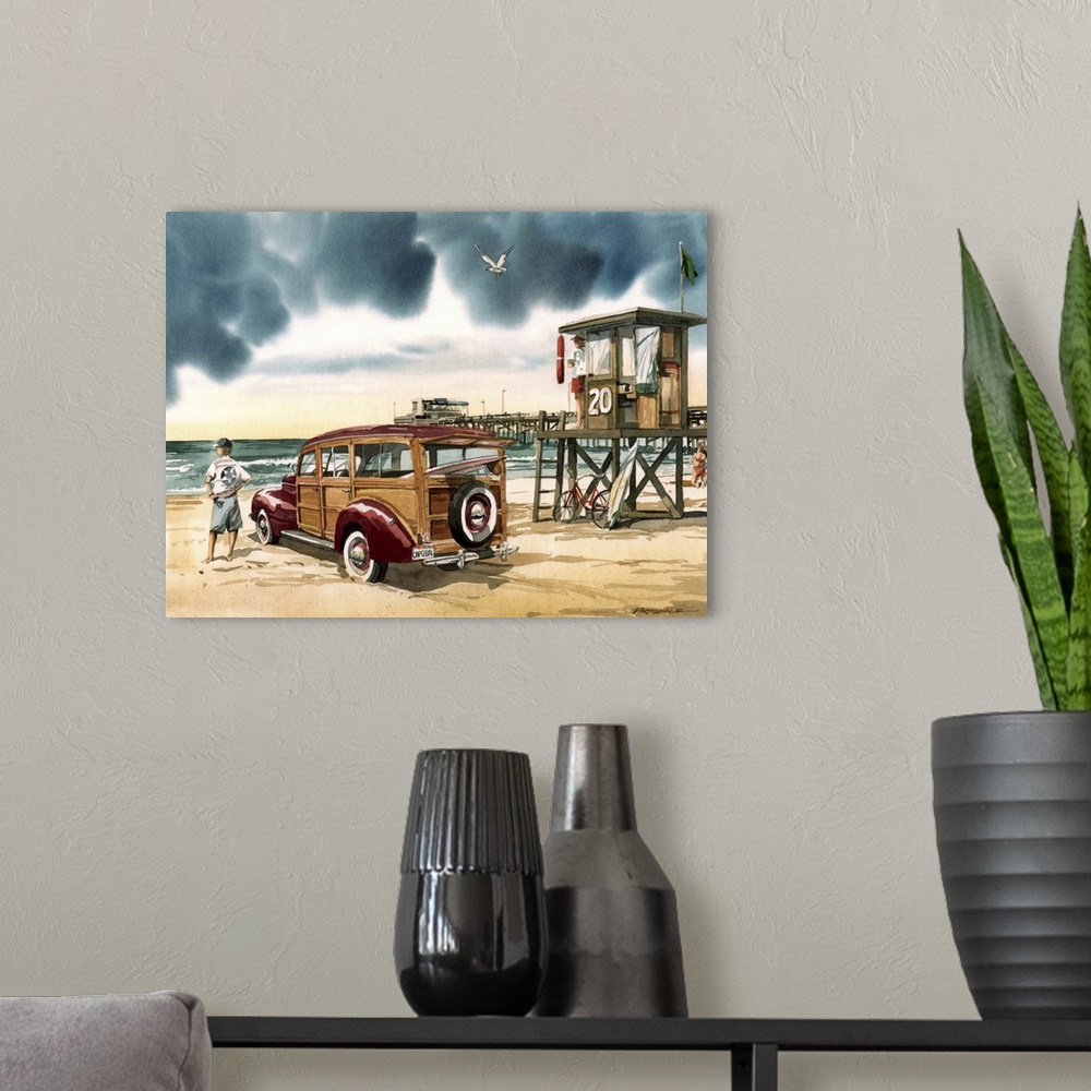 A modern room featuring Watercolor painting of an overcast day at Newport Beach, CA with a woodie wagon parked on the beach.