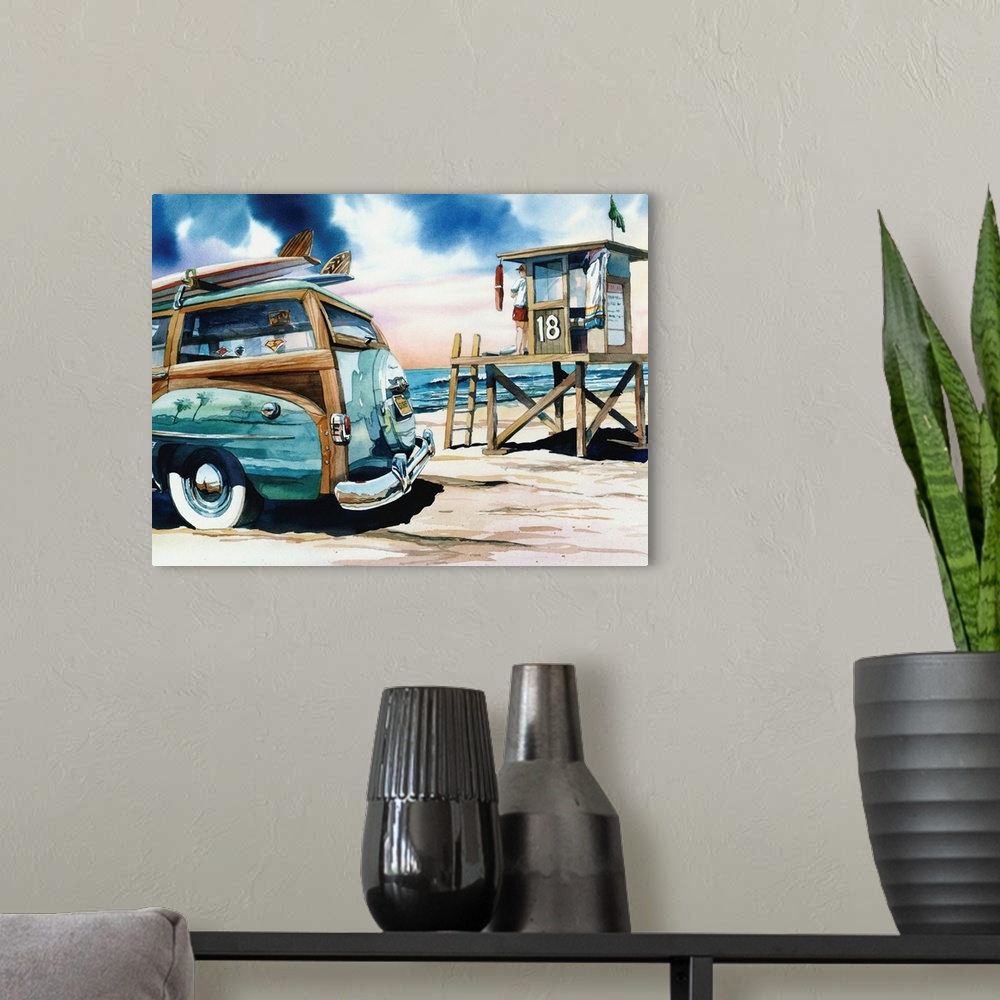 A modern room featuring Watercolor of a woodie on the beach in Newport Beach, California.