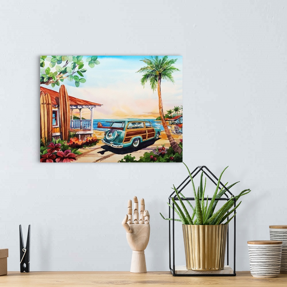 A bohemian room featuring Watercolor of the the ultimate tropical surfer's paradise.