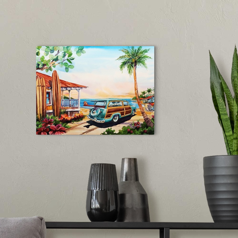 A modern room featuring Watercolor of the the ultimate tropical surfer's paradise.