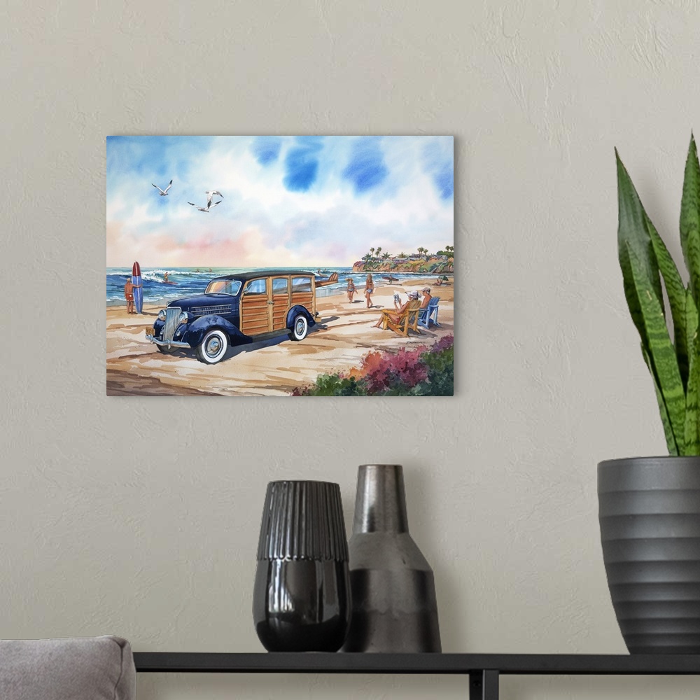 A modern room featuring Watercolor painting of a 1936 Ford woodie at Tourmaline Point in San Diego, California.