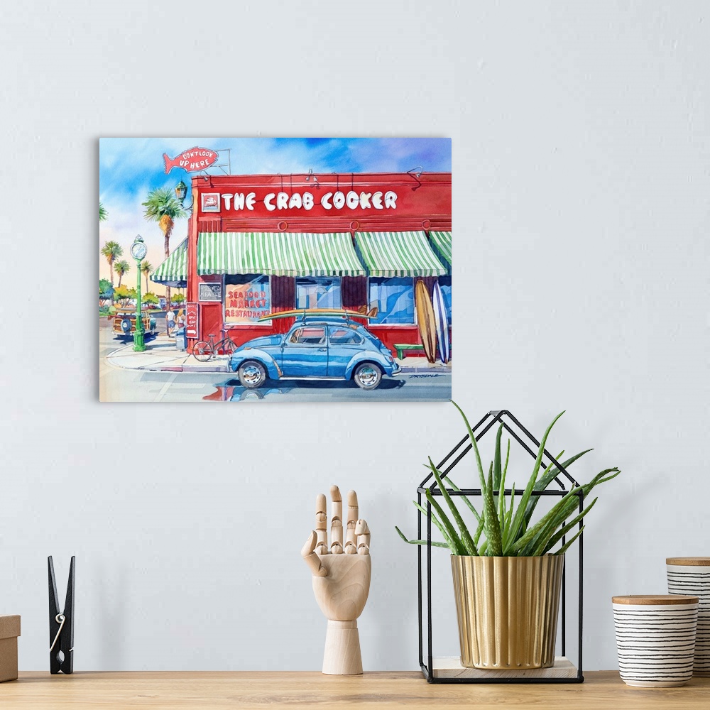 A bohemian room featuring Watercolor painting of the famous landmark, The Crab Cooker, in Newport Beach, CA.