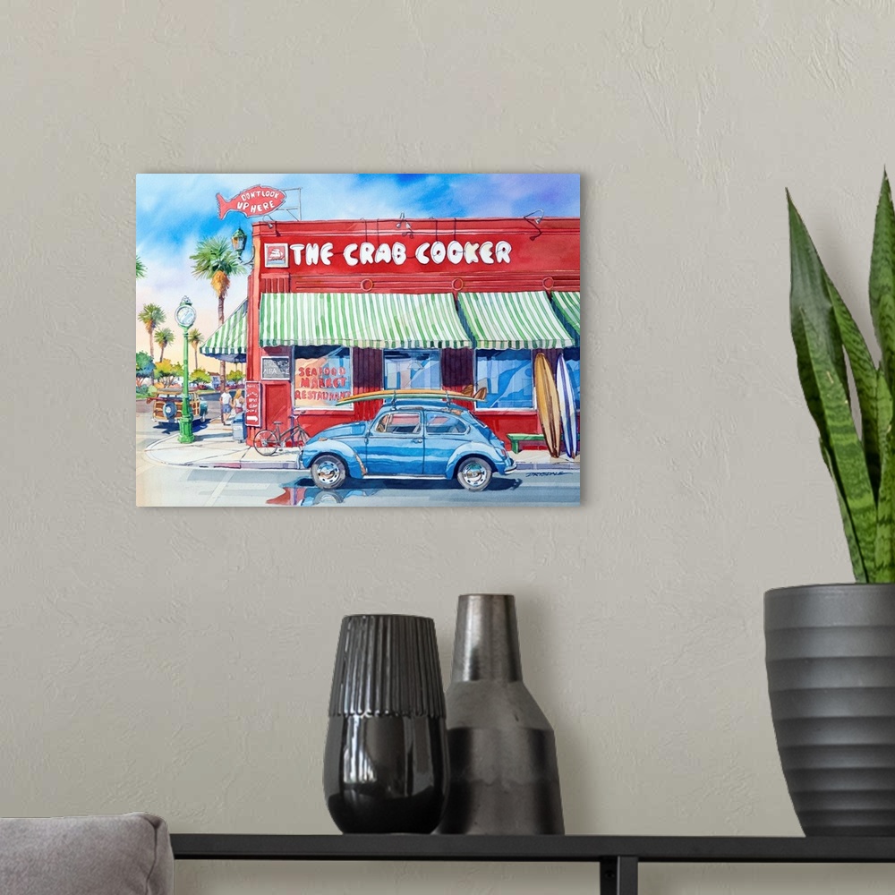 A modern room featuring Watercolor painting of the famous landmark, The Crab Cooker, in Newport Beach, CA.