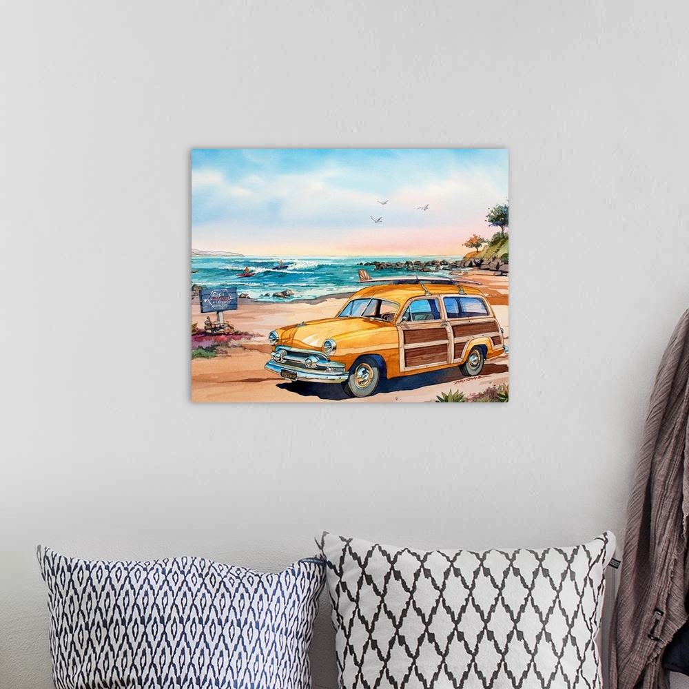 A bohemian room featuring Watercolor of a 1951 Ford woodie surf wagon at the popular surf spot, Rincon, CA