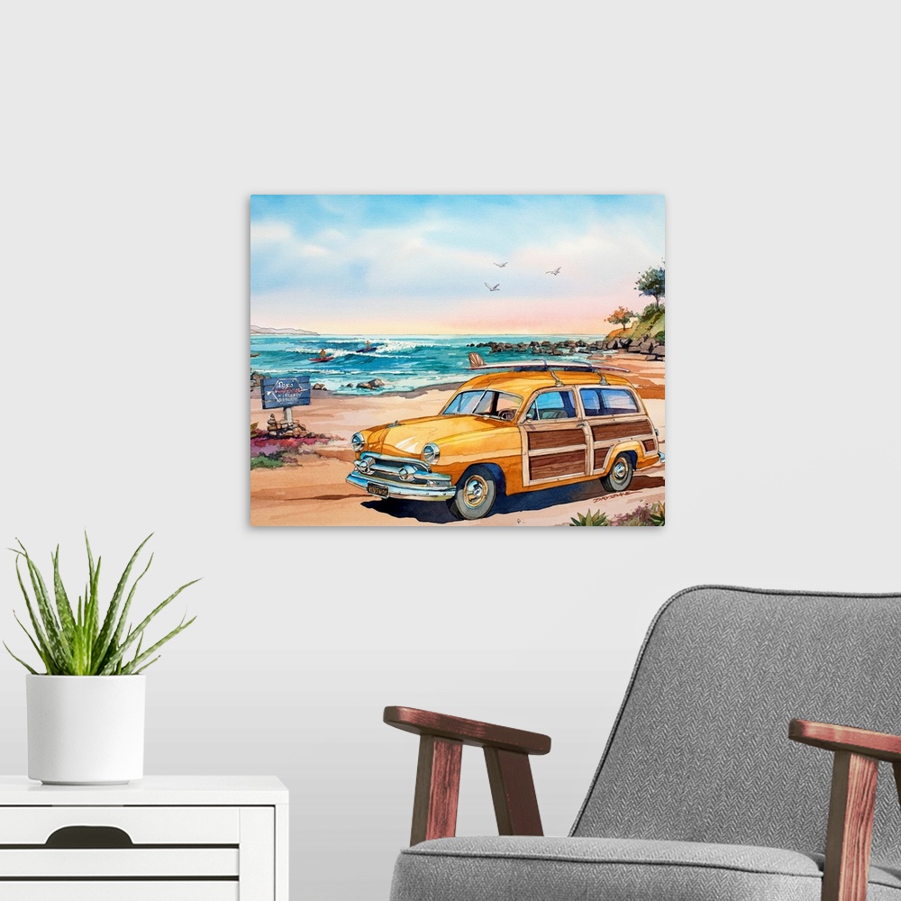A modern room featuring Watercolor of a 1951 Ford woodie surf wagon at the popular surf spot, Rincon, CA