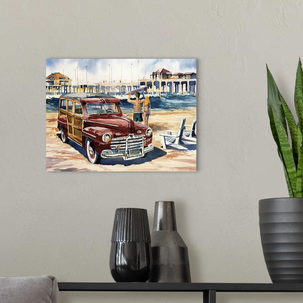 A modern room featuring Watercolor painting of a red woodie parked on the beach at Surf City with the pier in the backgro...