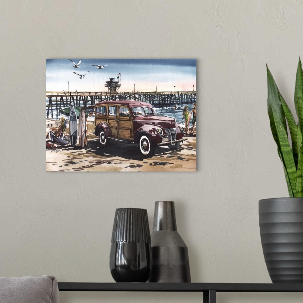 A modern room featuring Watercolor painting of a 1940 Ford Woodie at the San Clemente pier.
