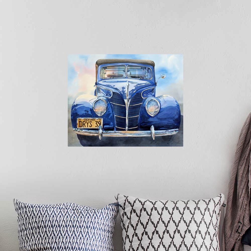 A bohemian room featuring Watercolor of a 1939 Ford woodie wagon.