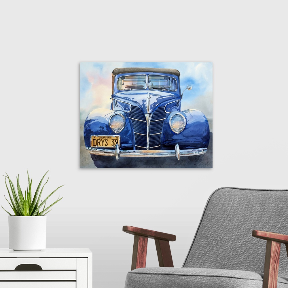 A modern room featuring Watercolor of a 1939 Ford woodie wagon.