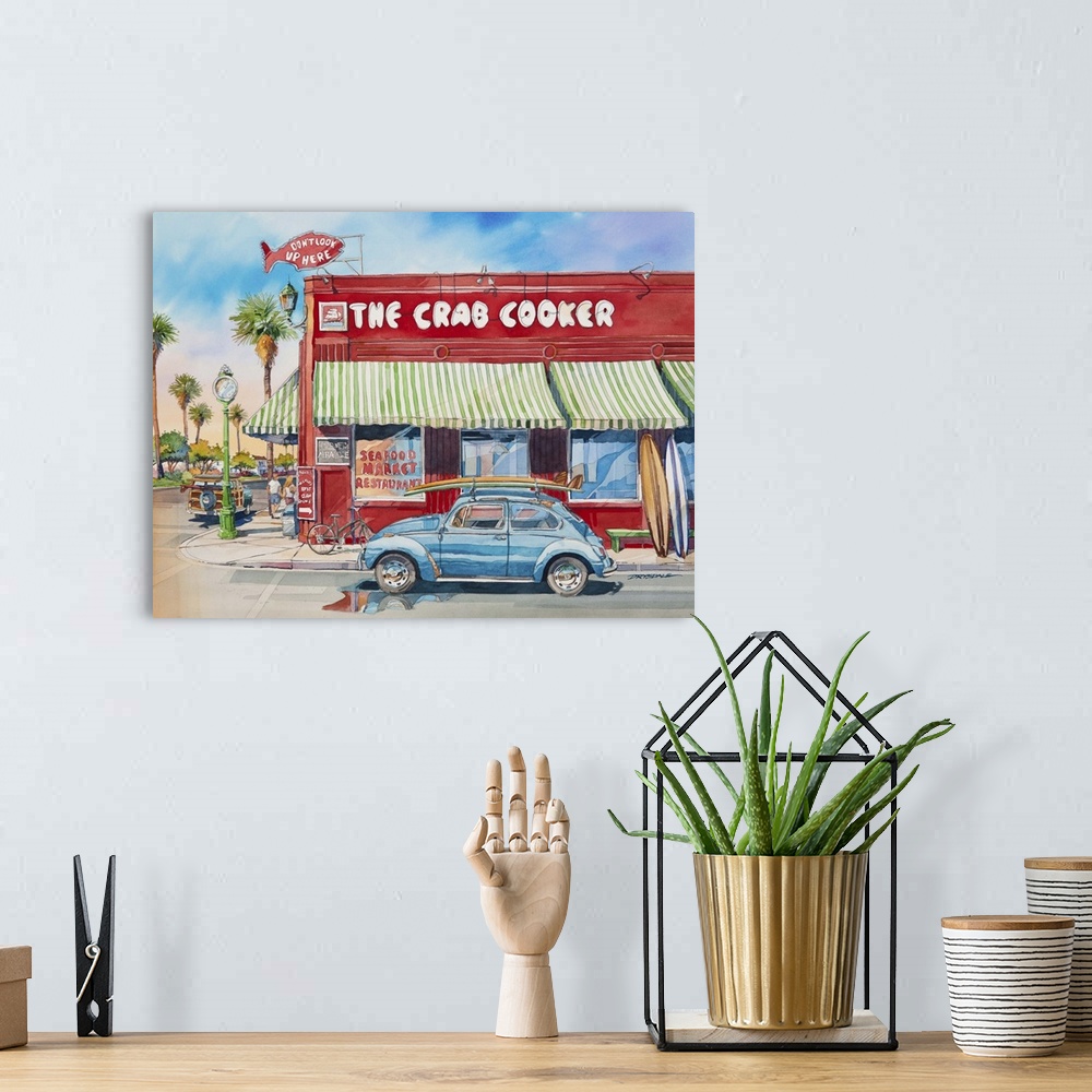 A bohemian room featuring Watercolor painting of The Crab Cooker red seafood market and restaurant with a blue Volkswagen b...