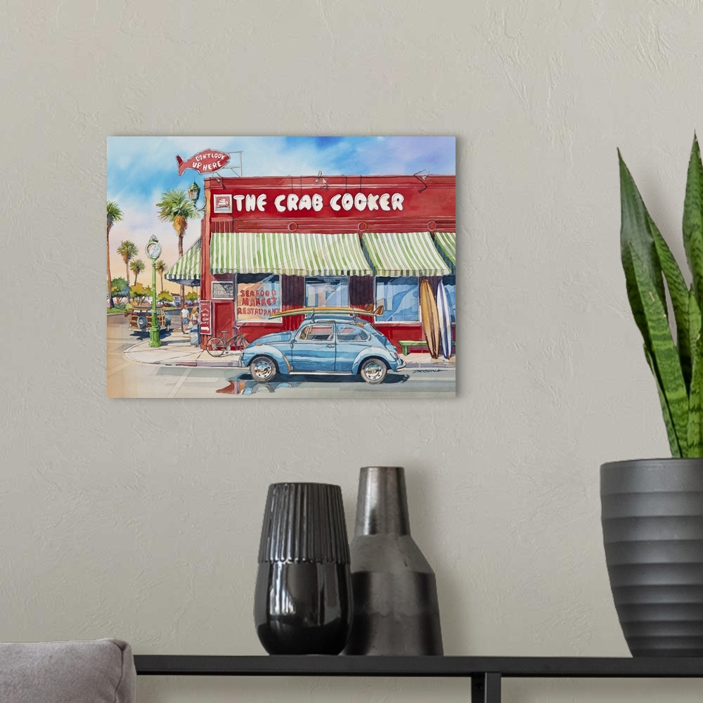 A modern room featuring Watercolor painting of The Crab Cooker red seafood market and restaurant with a blue Volkswagen b...