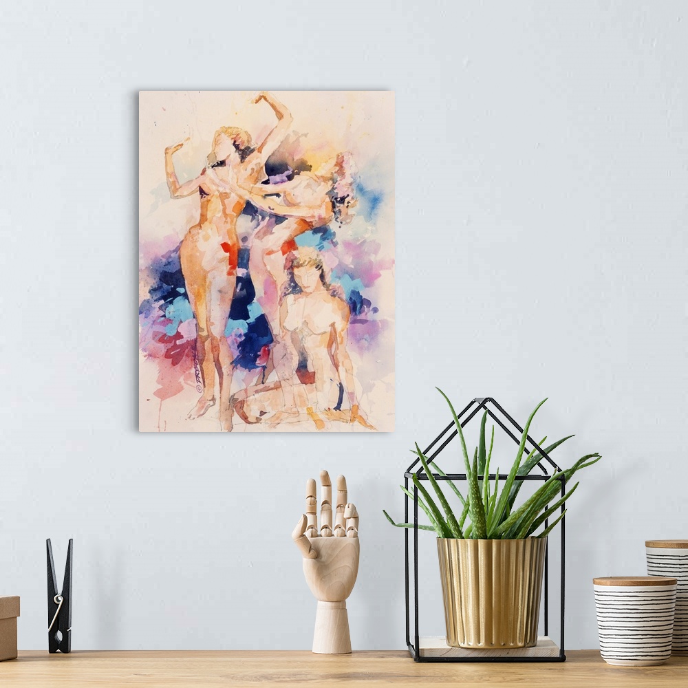 A bohemian room featuring Watercolor of figures in motion.