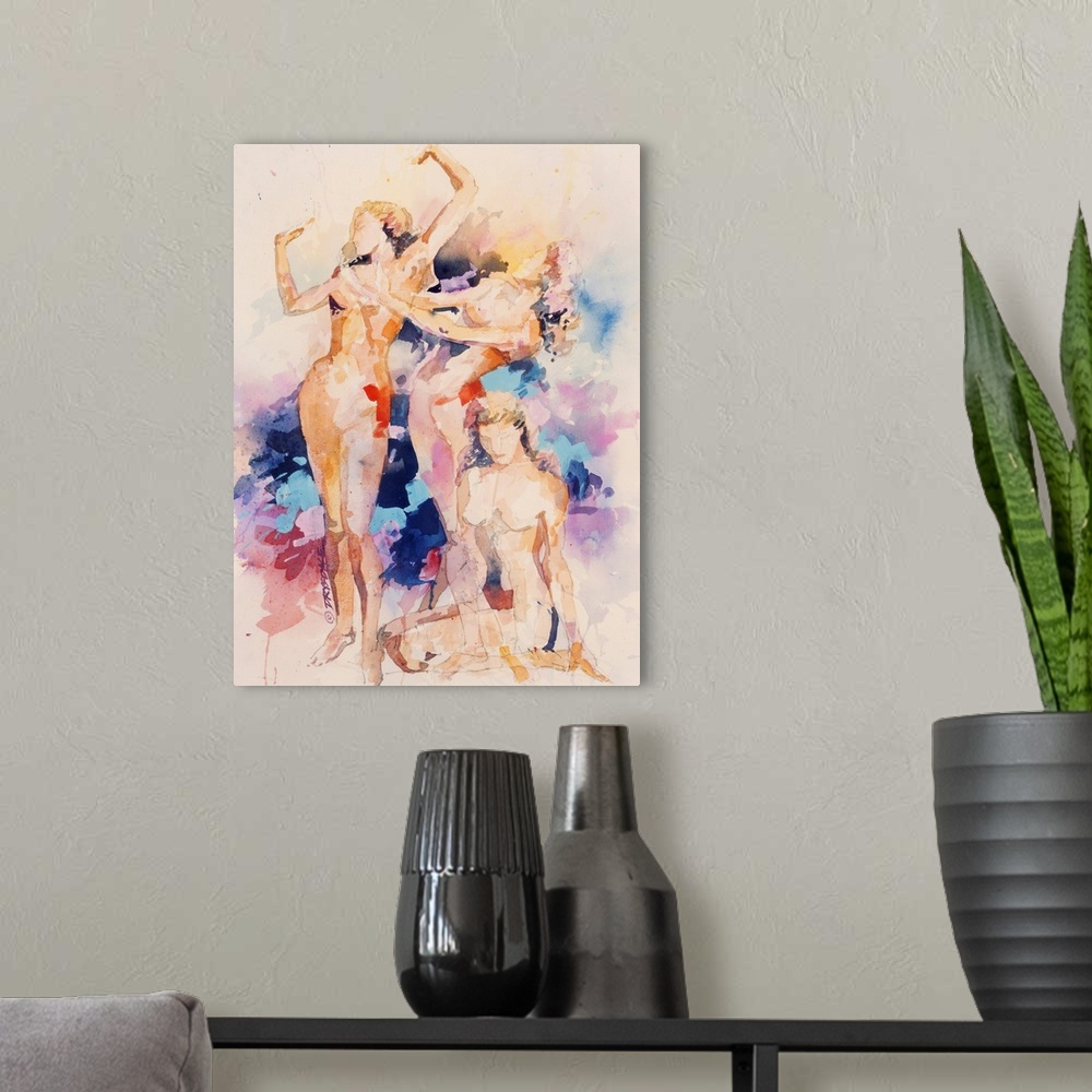 A modern room featuring Watercolor of figures in motion.