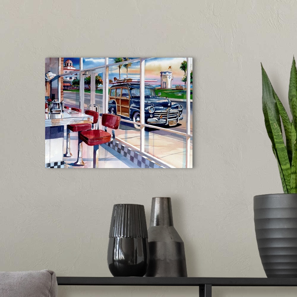 A modern room featuring Watercolor painting of a 50's diner in Laguna Beach, CA.