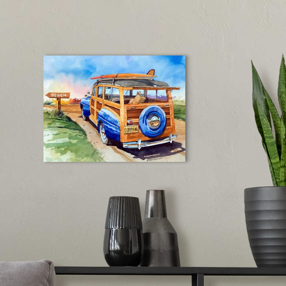A modern room featuring Watercolor of a 1948 Ford Woodie Surfing woodie wagon with a cool Great Dane.